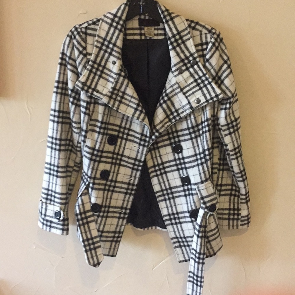 Black & white trench style polyester and wool coat